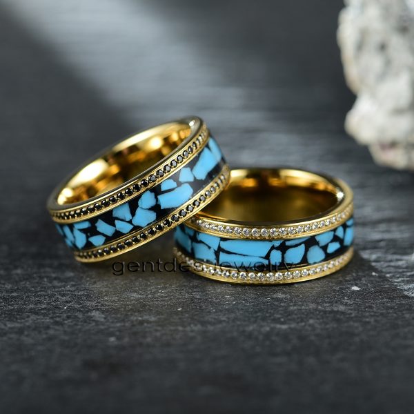 Gold Titanium Ring, Crushed Turquoise Ring, Paved Black Cz Stone Ring, Luxury Wedding Bands Ring, Men Comfort Ring - 图片 6