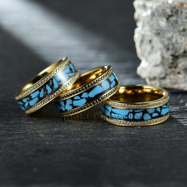 Titanium Wedding Band With CZ Stone, Gold Ring, Turquoise And Meteorite Ring, Promise Ring - 图片 5