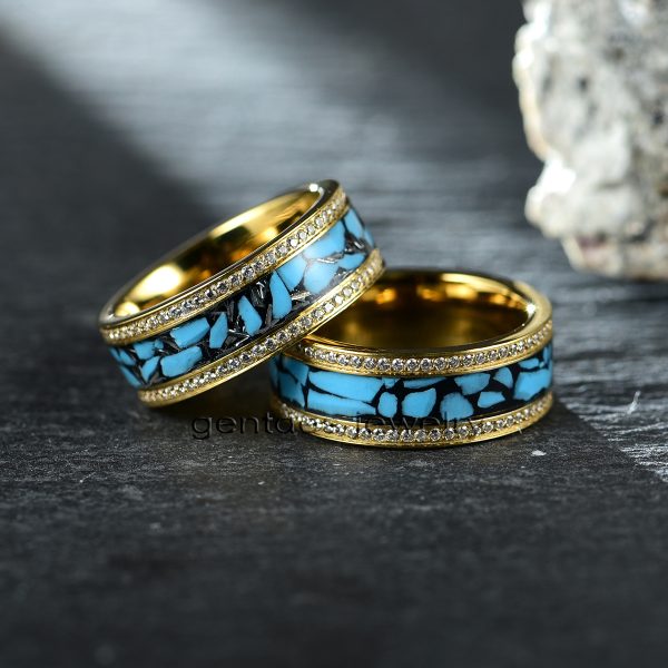 Titanium Wedding Band With CZ Stone, Gold Ring, Turquoise And Meteorite Ring, Promise Ring - 图片 4