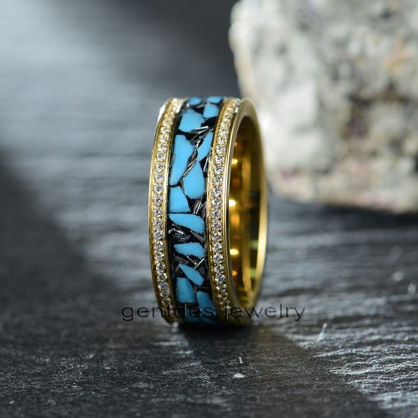 Titanium Wedding Band With CZ Stone, Gold Ring, Turquoise And Meteorite Ring, Promise Ring - 图片 2