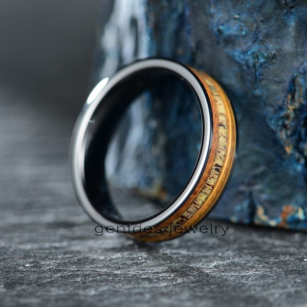 Ceramic Ring, Whisky Barrel Wood Ring, Antler Ring, Men's wedding Ring, Promise Ring, 6MM High Polish - 图片 4