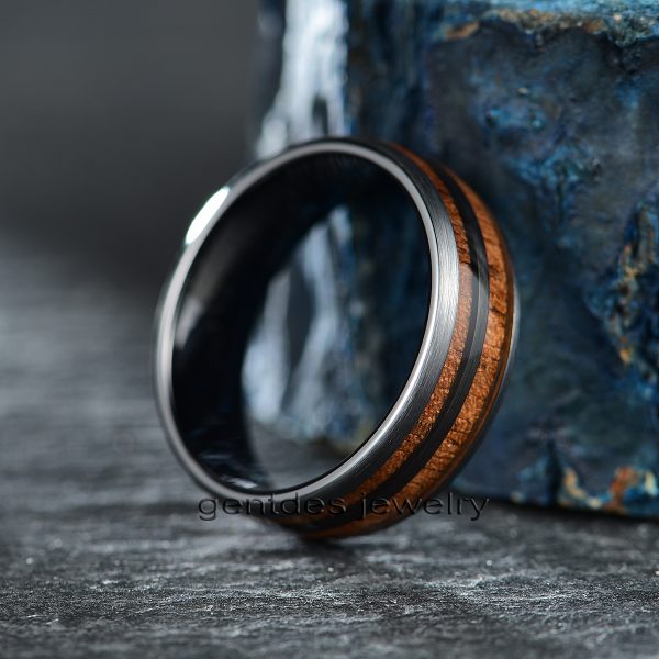 Ceramic Engagement Band, Koa Wooden Ring, Black Ring, Men's wedding Band Ring, Gifts For Him - 图片 4