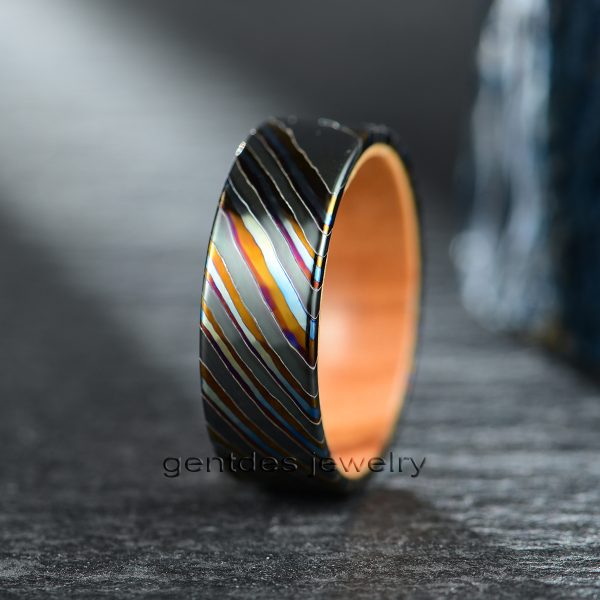 Custom Ring, Damascus Steel Wedding Ring, Matte Brushed Finish, Wooden Ring for Men, Fashion Rings - 图片 2