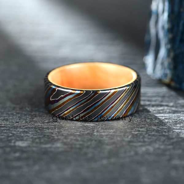 Custom Ring, Damascus Steel Wedding Ring, Matte Brushed Finish, Wooden Ring for Men, Fashion Rings - 图片 3