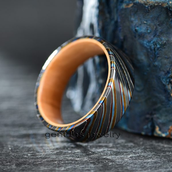 Custom Ring, Damascus Steel Wedding Ring, Matte Brushed Finish, Wooden Ring for Men, Fashion Rings - 图片 4