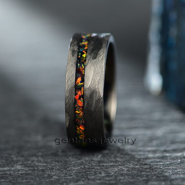 Titanium Ring, Crushed Opal Ring, Matte Black Ring, Brushed Hammered Ring, Wedding Ring For Men, Comfort Fit - 图片 4