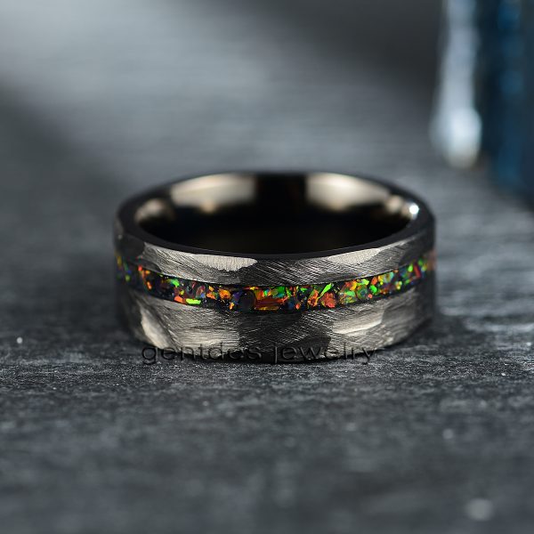 Titanium Ring, Crushed Opal Ring, Matte Black Ring, Brushed Hammered Ring, Wedding Ring For Men, Comfort Fit - 图片 3