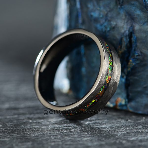 Titanium Ring, Crushed Opal Ring, Matte Black Ring, Brushed Hammered Ring, Wedding Ring For Men, Comfort Fit - 图片 2
