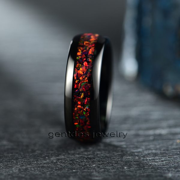 Tungsten Carbide Ring, Galaxy Opal Wedding Ring, Wedding Band, Black Ring, Dome - 图片 2