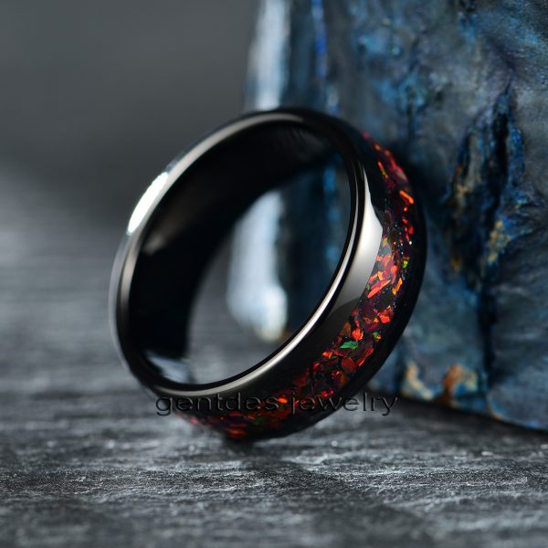 Tungsten Carbide Ring, Galaxy Opal Wedding Ring, Wedding Band, Black Ring, Dome - 图片 4