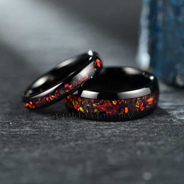 Opal Wedding Ring, 4MM Titanium Ring, Black Ring, Couple Ring Set, Comfort Fit For Engagement - 图片 5