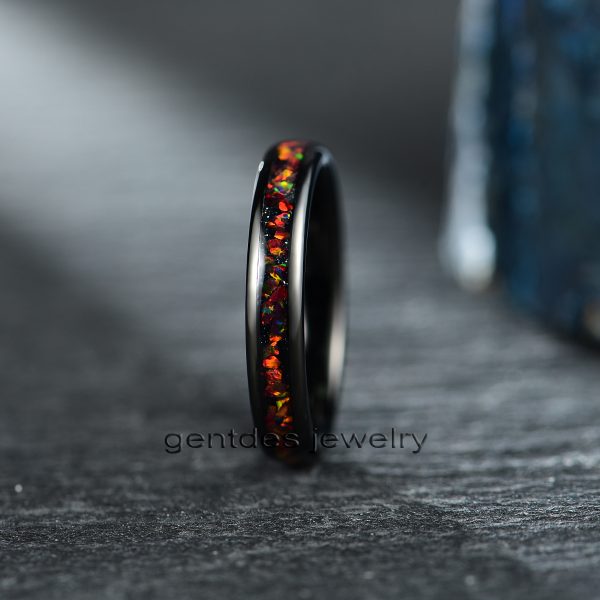 Opal Wedding Ring, 4MM Titanium Ring, Black Ring, Couple Ring Set, Comfort Fit For Engagement - 图片 4