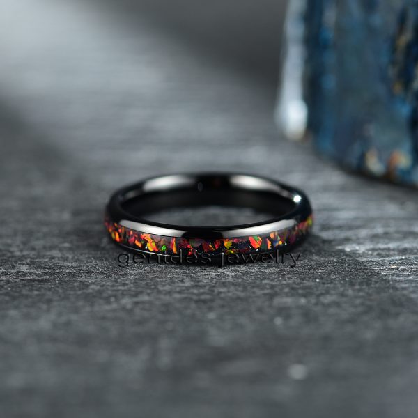 Opal Wedding Ring, 4MM Titanium Ring, Black Ring, Couple Ring Set, Comfort Fit For Engagement - 图片 3