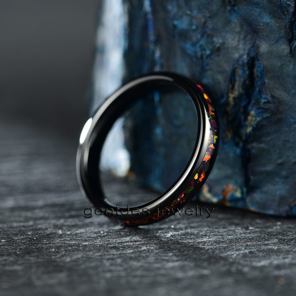 Opal Wedding Ring, 4MM Titanium Ring, Black Ring, Couple Ring Set, Comfort Fit For Engagement - 图片 2