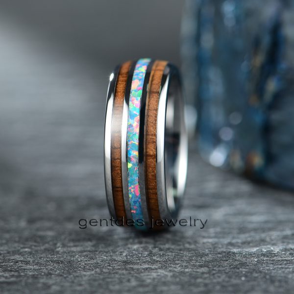 Tungsten Carbide Ring, Opals Ring, Wooden Ring, Wood Ring,Anniversary Ring, Wedding Bands Ring - 图片 4