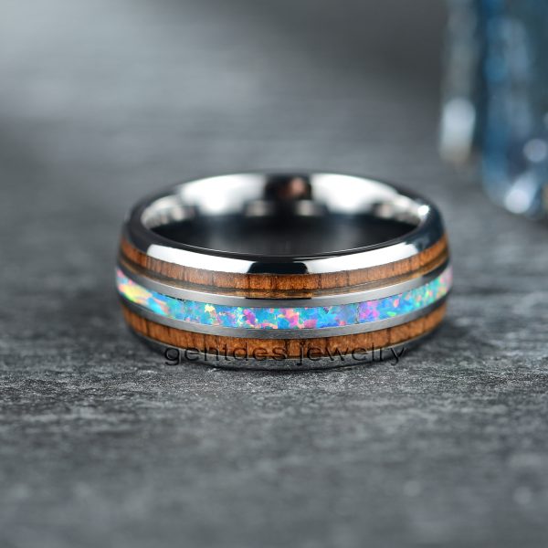 Tungsten Carbide Ring, Opals Ring, Wooden Ring, Wood Ring,Anniversary Ring, Wedding Bands Ring - 图片 3