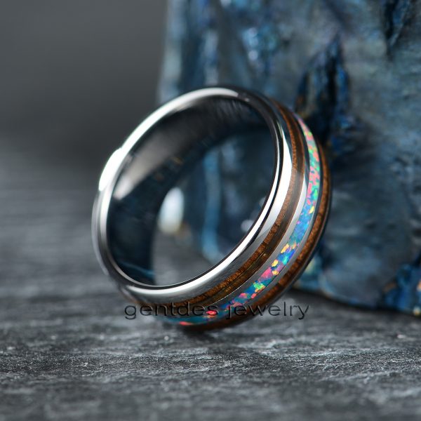 Tungsten Carbide Ring, Opals Ring, Wooden Ring, Wood Ring,Anniversary Ring, Wedding Bands Ring - 图片 2