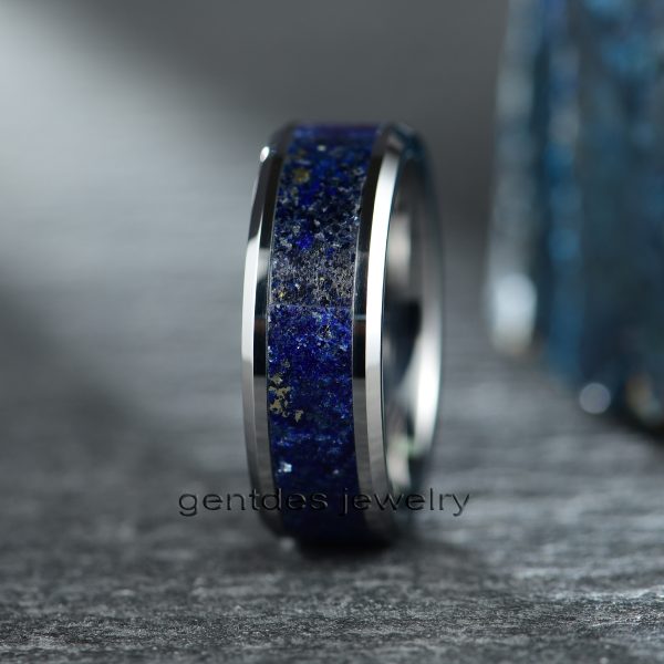Tungsten Carbide Ring, Lapis Lazuli Ring, 8MM Silver Ring, Beveled Edges Ring, Mens Wedding Bands Ring, Comfort Fit Ring - 图片 4