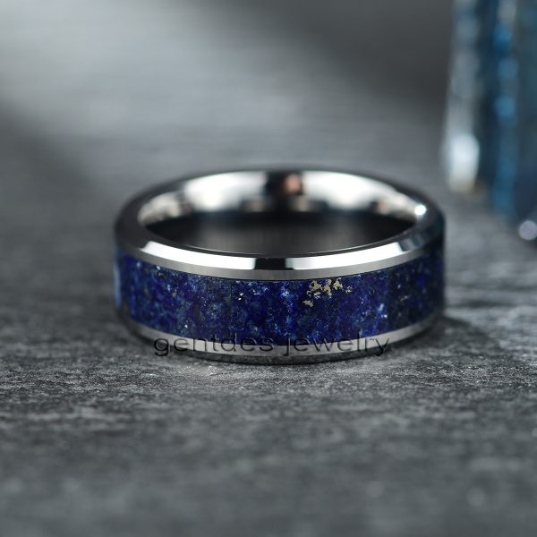 Tungsten Carbide Ring, Lapis Lazuli Ring, 8MM Silver Ring, Beveled Edges Ring, Mens Wedding Bands Ring, Comfort Fit Ring - 图片 3