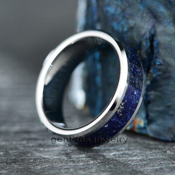 Tungsten Carbide Ring, Lapis Lazuli Ring, 8MM Silver Ring, Beveled Edges Ring, Mens Wedding Bands Ring, Comfort Fit Ring - 图片 2