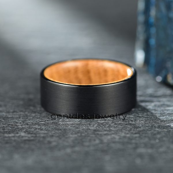 Whisky Barrel Wood Ring, Tungsten Wedding Bands, Matte Black Ring, 8MM Comfort Fit Ring, Whiskey Barrel Rings For Men Wooden Ring - 图片 3