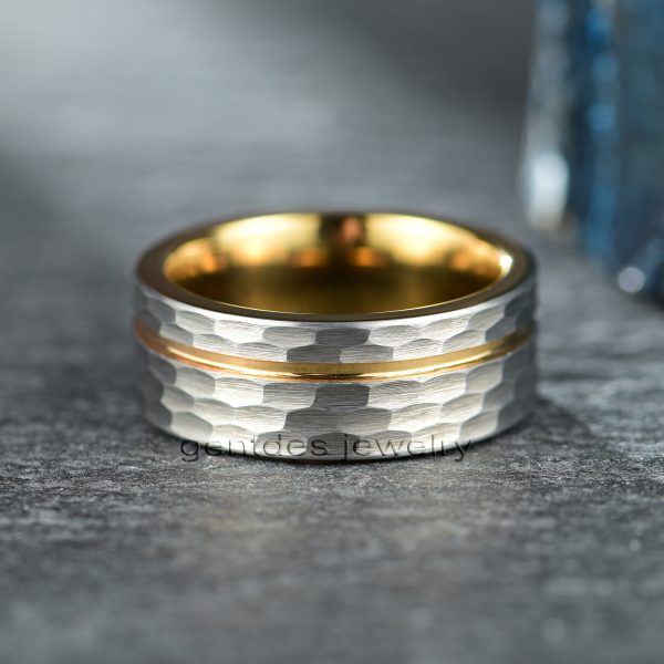 8mm Yellow Gold Hammered Tungsten Ring, Silver Wedding Bands Ring, Men Comfort Ring - 图片 3