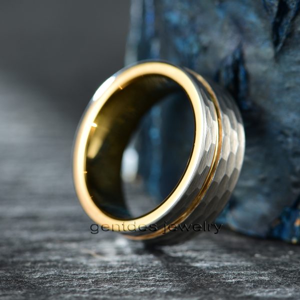 8mm Yellow Gold Hammered Tungsten Ring, Silver Wedding Bands Ring, Men Comfort Ring - 图片 4