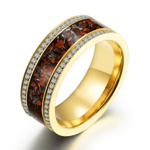 Titanium Wedding Bands, Dinosaur Bones Ring, Crushed Meteorite Ring, Paved Cz Stone Ring, Luxury Gold Ring, Men Ring