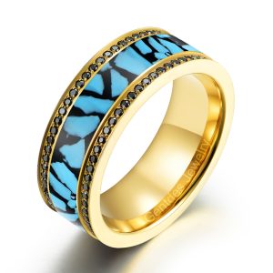 Gold Titanium Ring, Crushed Turquoise Ring, Paved Black Cz Stone Ring, Luxury Wedding Bands Ring, Men Comfort Ring