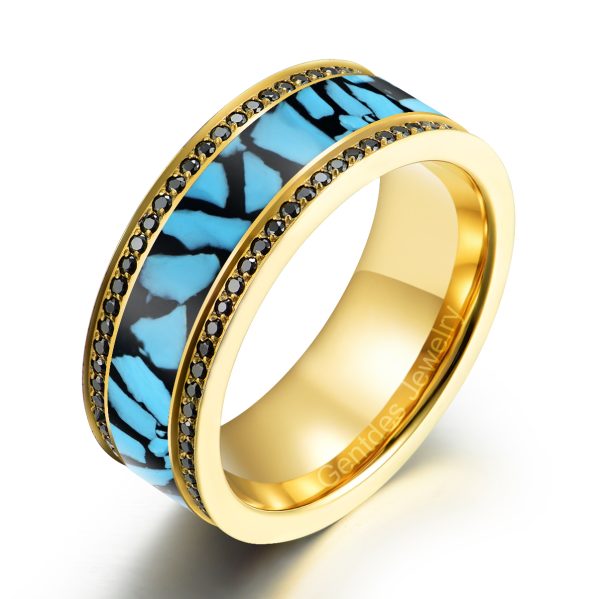 Gold Titanium Ring, Crushed Turquoise Ring, Paved Black Cz Stone Ring, Luxury Wedding Bands Ring, Men Comfort Ring