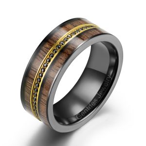Titanium Ring Black, Black CZ Stone Ring, American Walnut Ring, Mens Wedding Ring, Mens Engagement Ring