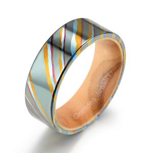 Custom Ring, Damascus Steel Wedding Ring, Matte Brushed Finish, Wooden Ring for Men, Fashion Rings