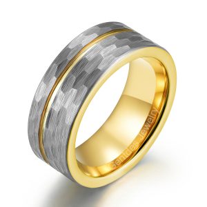 8mm Yellow Gold Hammered Tungsten Ring, Silver Wedding Bands Ring, Men Comfort Ring