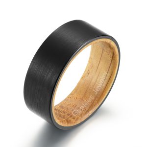 Whisky Barrel Wood Ring, Tungsten Wedding Bands, Matte Black Ring, 8MM Comfort Fit Ring, Whiskey Barrel Rings For Men Wooden Ring