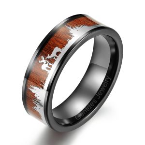 Wood Tungsten Ring, Surface Forest Elk, Black Engagement Band, Promise for Women Men, Dome Wedding Band