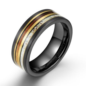 8MM Black Tungsten Ring, Deer Antler Ring, Wooden Wedding Ring, Unique Wedding Band, Mens Jewelry