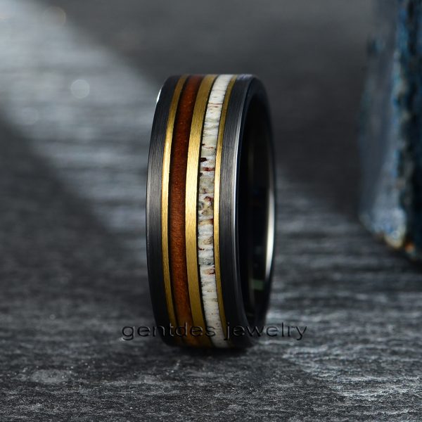 8MM Black Tungsten Ring, Deer Antler Ring, Wooden Wedding Ring, Unique Wedding Band, Mens Jewelry - 图片 2