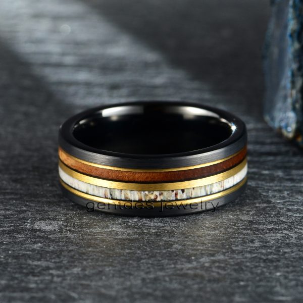 8MM Black Tungsten Ring, Deer Antler Ring, Wooden Wedding Ring, Unique Wedding Band, Mens Jewelry - 图片 3