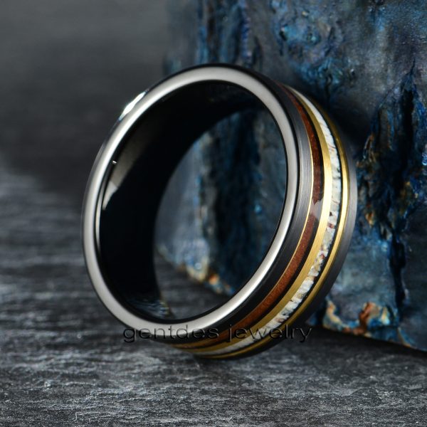 8MM Black Tungsten Ring, Deer Antler Ring, Wooden Wedding Ring, Unique Wedding Band, Mens Jewelry - 图片 4