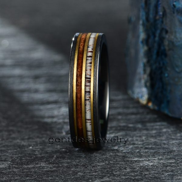 Deer Antler Ring, Tungsten Wedding Bands, Brushed Finished Ring, Wooden Ring, Whiskey Barrel Rings For Men, Promise Ring - 图片 5