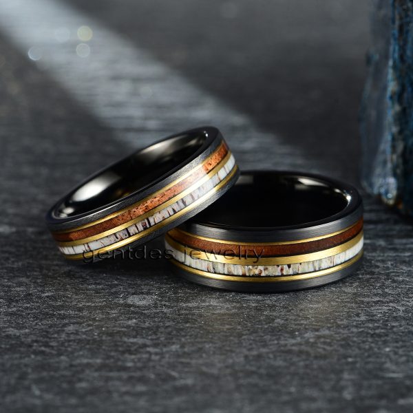 Deer Antler Ring, Tungsten Wedding Bands, Brushed Finished Ring, Wooden Ring, Whiskey Barrel Rings For Men, Promise Ring - 图片 2
