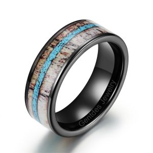 Ceramic Black Ring, Crushed Turquoise Ring, Deer Antler Ring, Mens Wedding Bands, Women Engagement Ring, Comfort Fit 8MM
