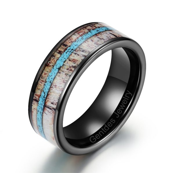 Ceramic Black Ring, Crushed Turquoise Ring, Deer Antler Ring, Mens Wedding Bands, Women Engagement Ring, Comfort Fit 8MM