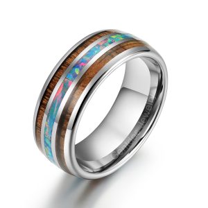 Tungsten Carbide Ring, Opals Ring, Wooden Ring, Wood Ring,Anniversary Ring, Wedding Bands Ring