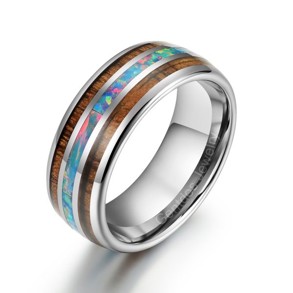 Tungsten Carbide Ring, Opals Ring, Wooden Ring, Wood Ring,Anniversary Ring, Wedding Bands Ring