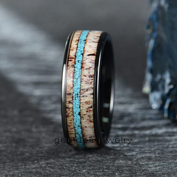 Ceramic Black Ring, Crushed Turquoise Ring, Deer Antler Ring, Mens Wedding Bands, Women Engagement Ring, Comfort Fit 8MM - 图片 4