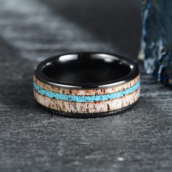 Ceramic Black Ring, Crushed Turquoise Ring, Deer Antler Ring, Mens Wedding Bands, Women Engagement Ring, Comfort Fit 8MM - 图片 3
