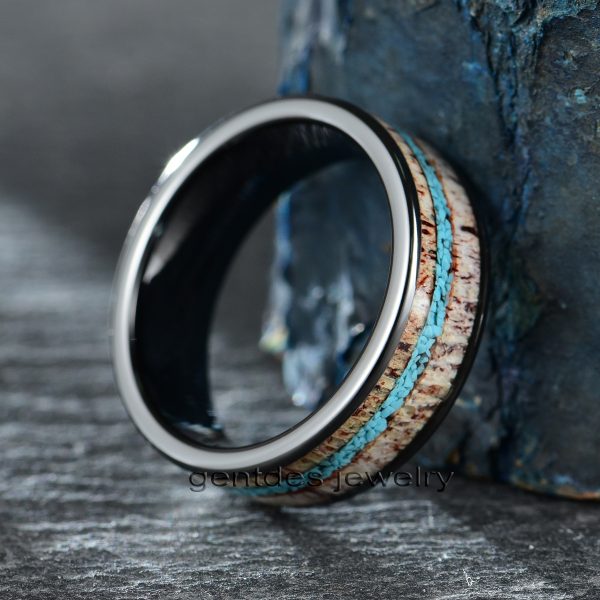 Ceramic Black Ring, Crushed Turquoise Ring, Deer Antler Ring, Mens Wedding Bands, Women Engagement Ring, Comfort Fit 8MM - 图片 2