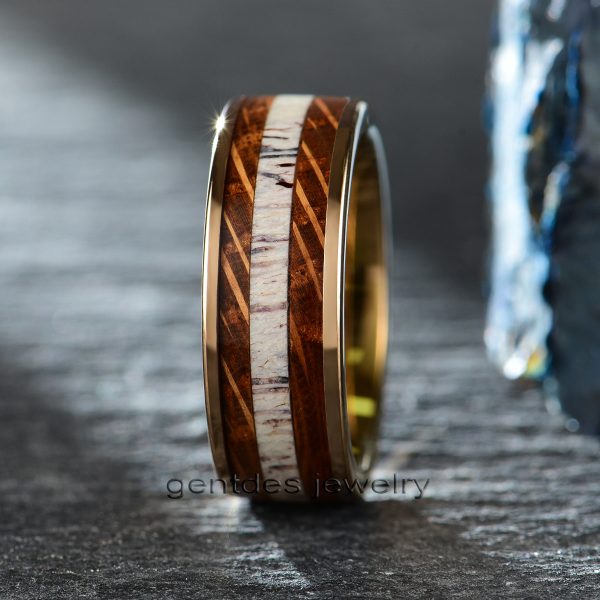 Women Men Ring, Rose Gold Tungsten Band, Wooden Ring, Antler Ring, Whiskey Barrel Tungsten Steel Man Wedding Band - 图片 2