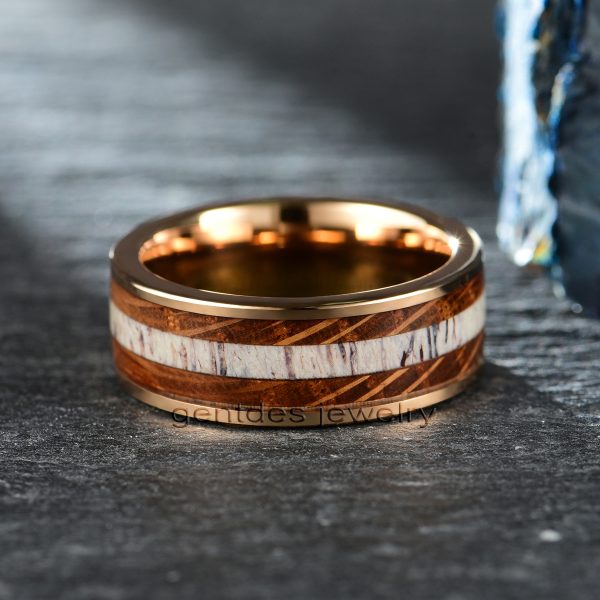 Women Men Ring, Rose Gold Tungsten Band, Wooden Ring, Antler Ring, Whiskey Barrel Tungsten Steel Man Wedding Band - 图片 4